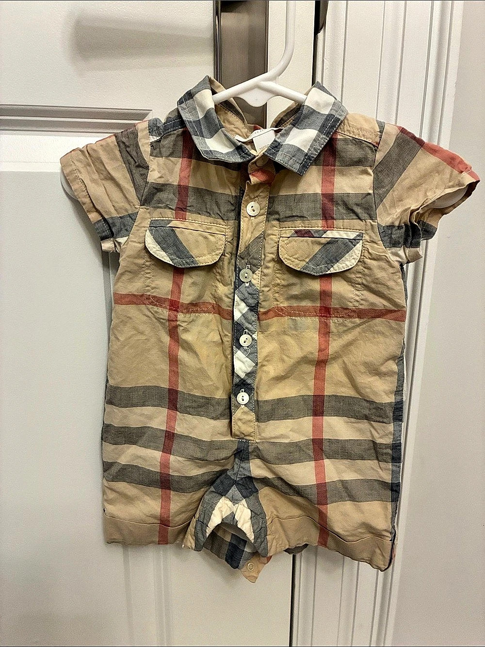 Burberry Check Cotton Playsuit Plaid Tan & Red Baby 3M